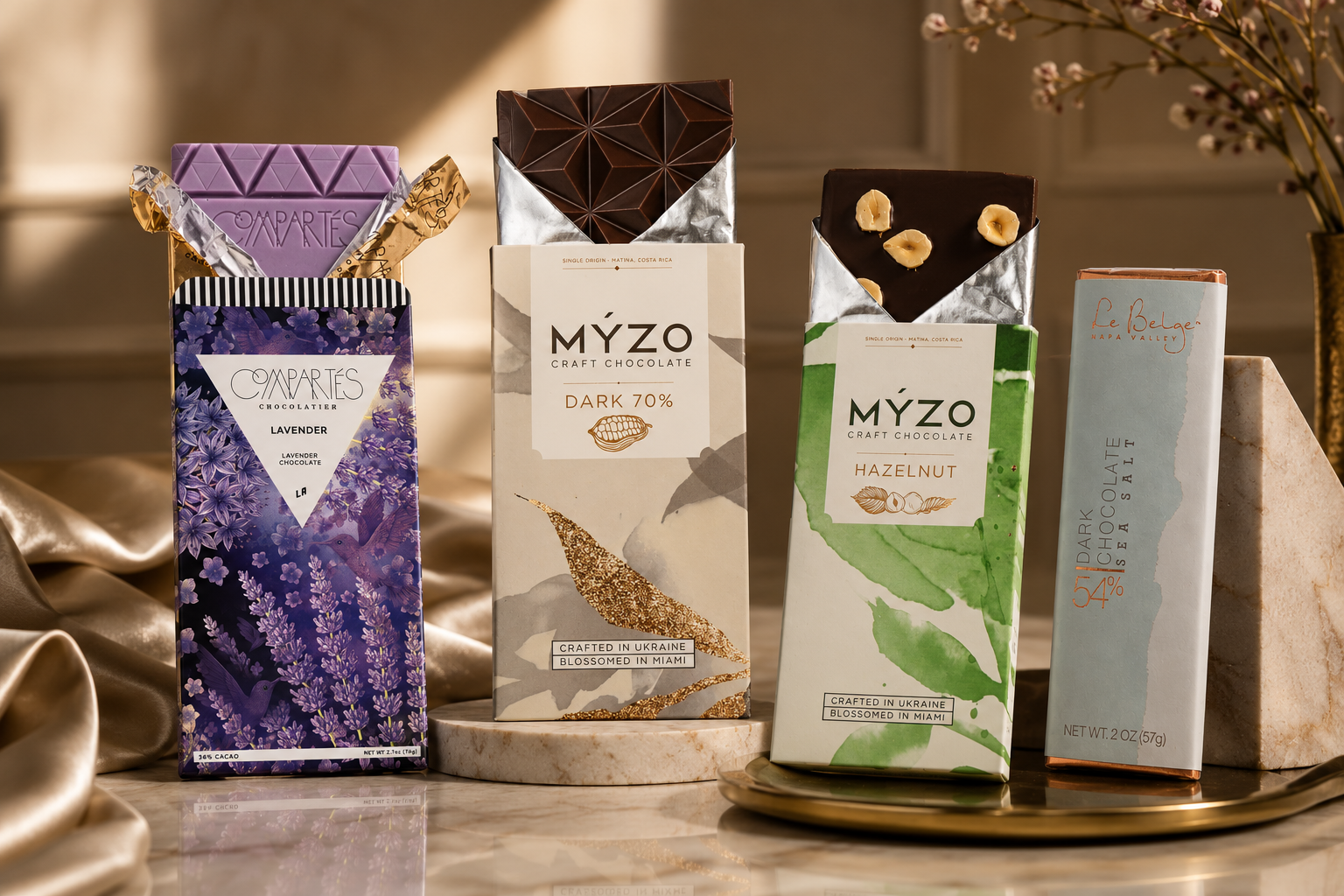 Assorted artisan chocolate bars from Vivian Ivy Chocolatiers