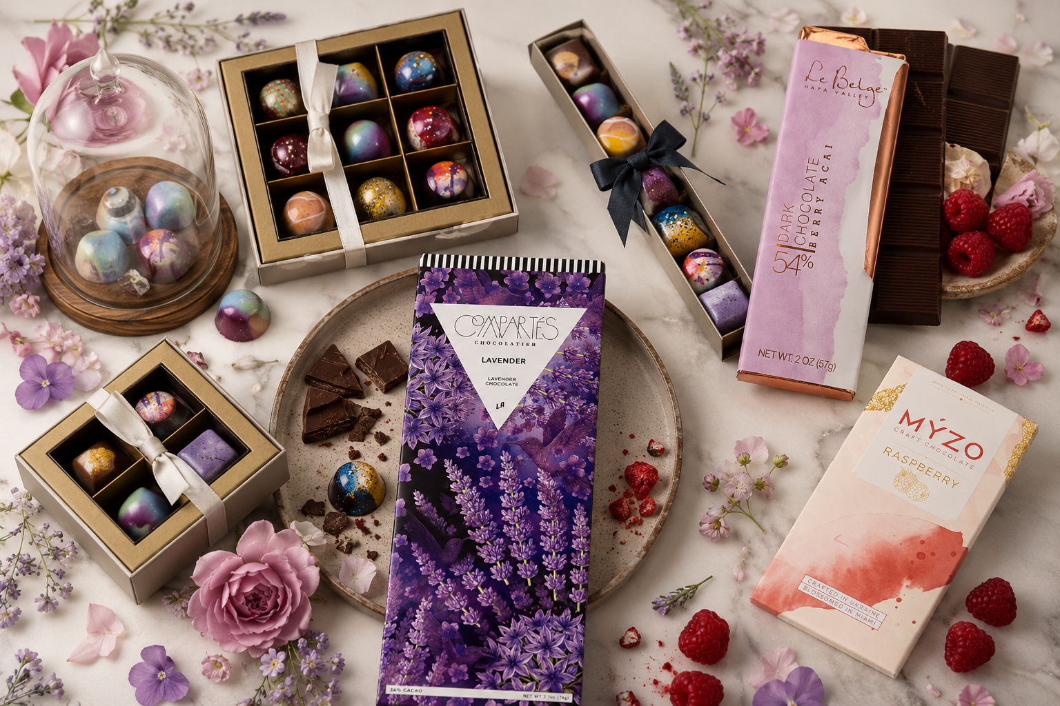 Fruit and floral artisan chocolates with raspberry and lavender flavors