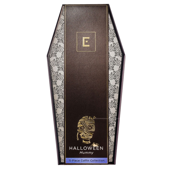 Closed Christopher Elbow Mummy Coffin chocolate gift box with black and gold-foiled illustrated sleeve
