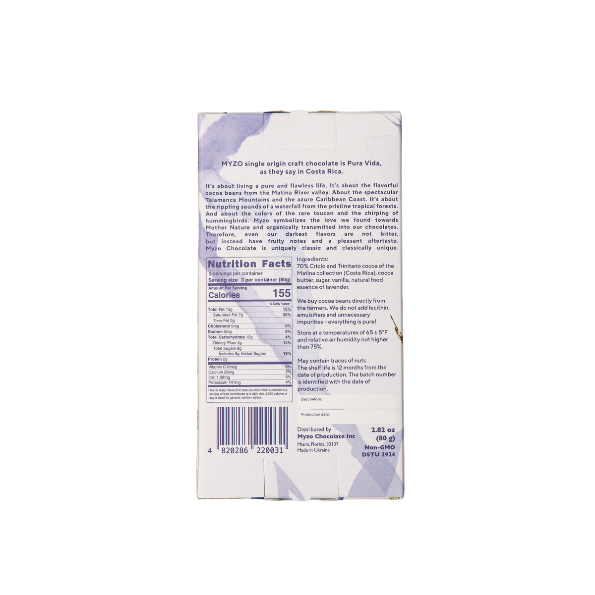 MYZO 70% Lavender Dark Chocolate Bar alternate product view 4
