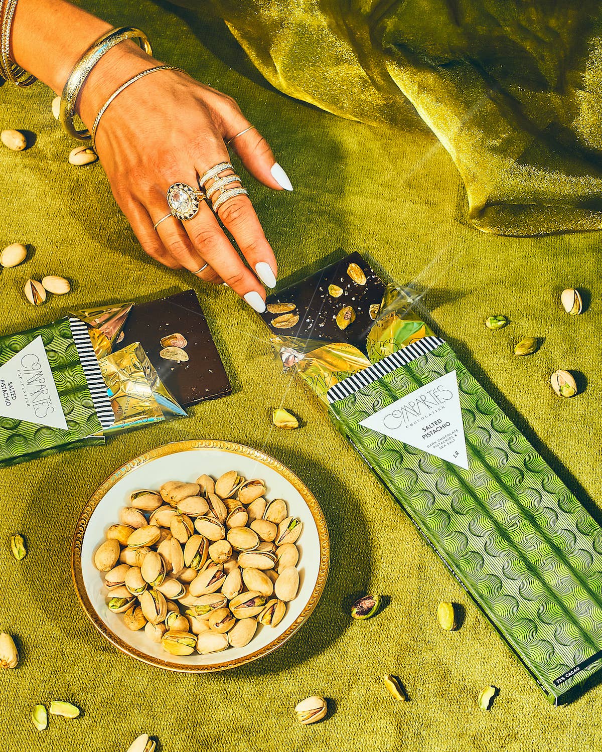 Compartés Salted Pistachio Dark Chocolate Bar in green packaging