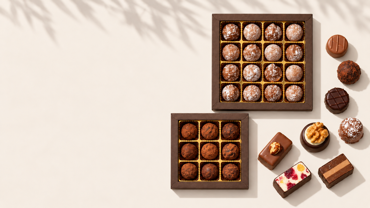 Overhead view of M Chocolates Champagne truffles and chocolate gift boxes on warm ivory