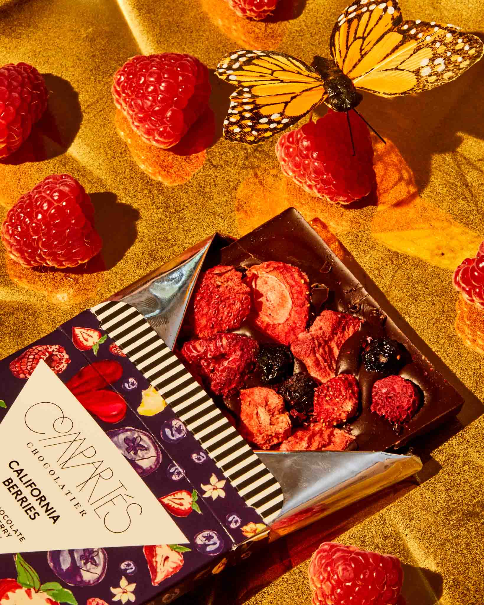 Unwrapped vegan California Berries dark chocolate bar
