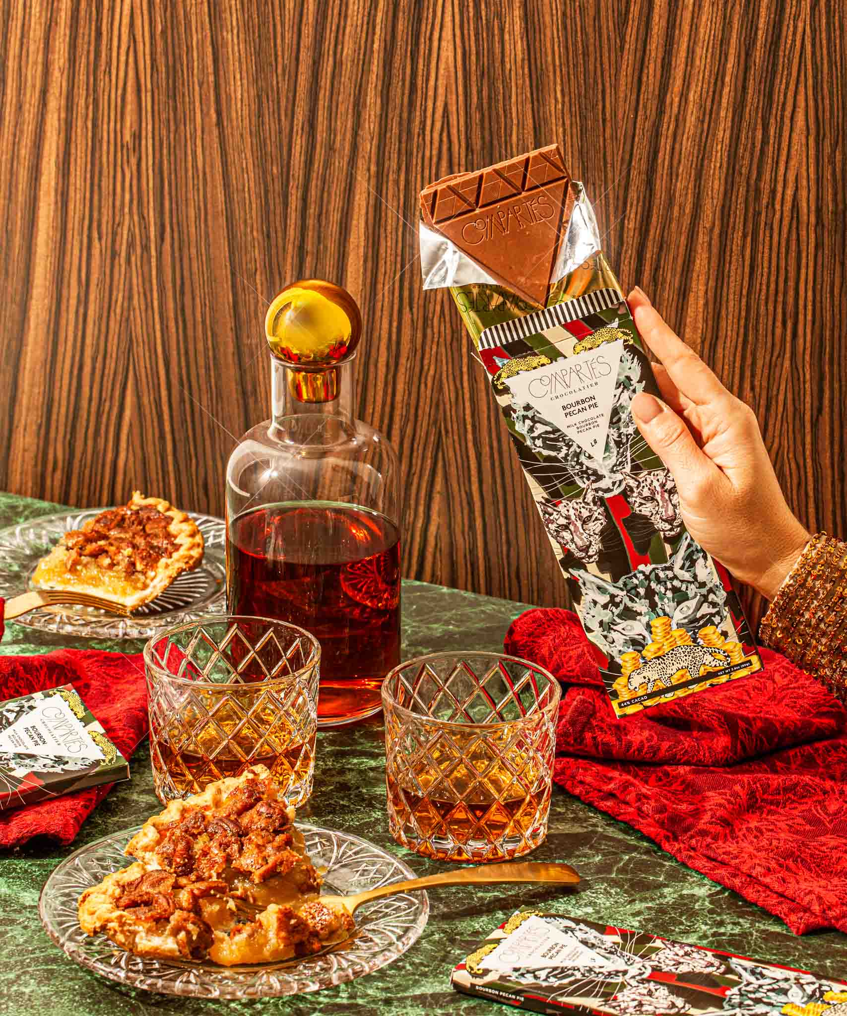 Unwrapped Compartés Bourbon Pecan Pie milk chocolate bar with pecans
