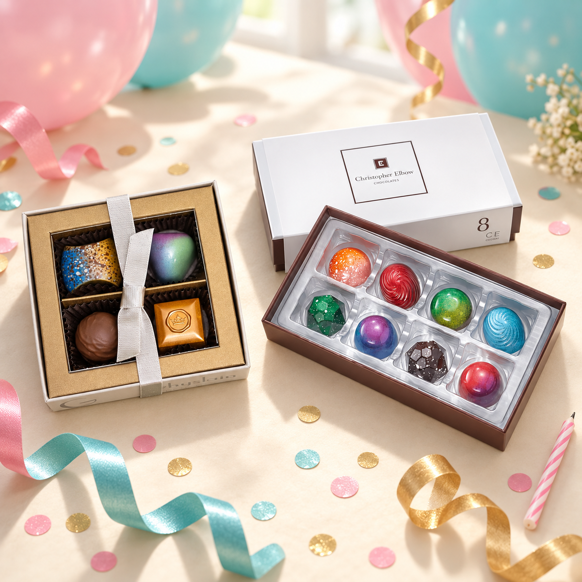 Ghyslain Le Montage and Christopher Elbow eight-piece chocolate gift boxes in a festive birthday setting