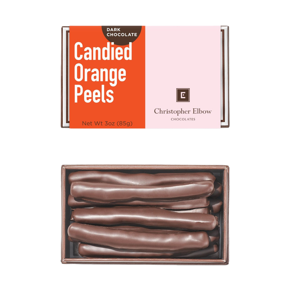Christopher Elbow dark chocolate candied orange peels with box
