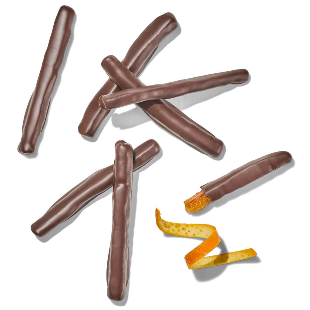 Christopher Elbow dark chocolate candied orange peels close-up