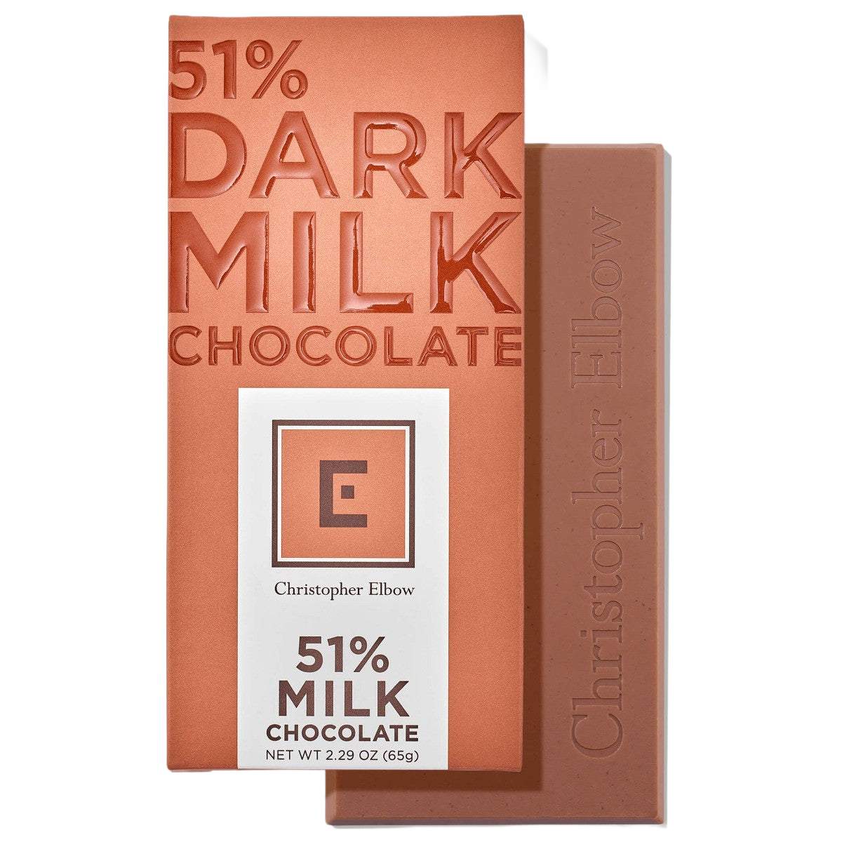 Christopher Elbow 51% dark milk chocolate bar and wrapper