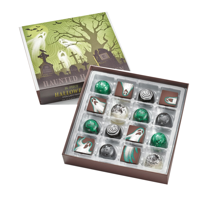 Christopher Elbow Haunted Halloween 16-piece chocolate collection with green haunted cemetery gift sleeve and assorted decorated bonbons
