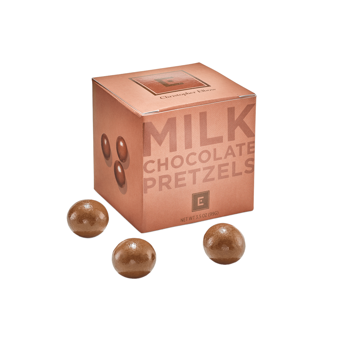 Christopher Elbow milk chocolate pretzels with box