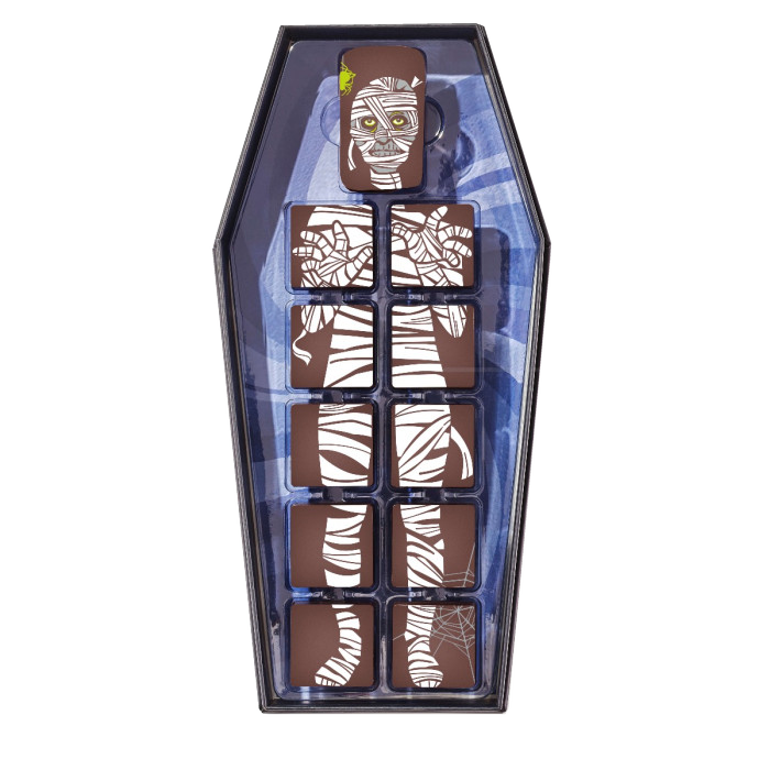 Top-down view of eleven Christopher Elbow chocolates forming a mummy in an open coffin-shaped box