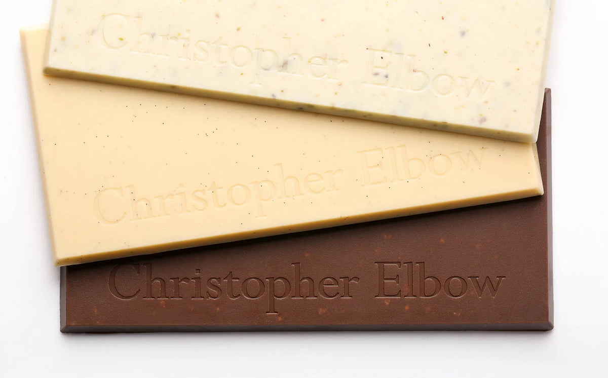 Christopher Elbow artisan chocolate bars, unwrapped detail