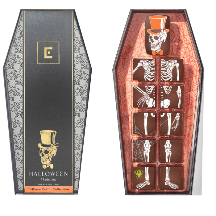 Christopher Elbow Skeleton Coffin chocolate collection with eleven illustrated chocolate pieces arranged as a skeleton in a coffin-shaped gift box