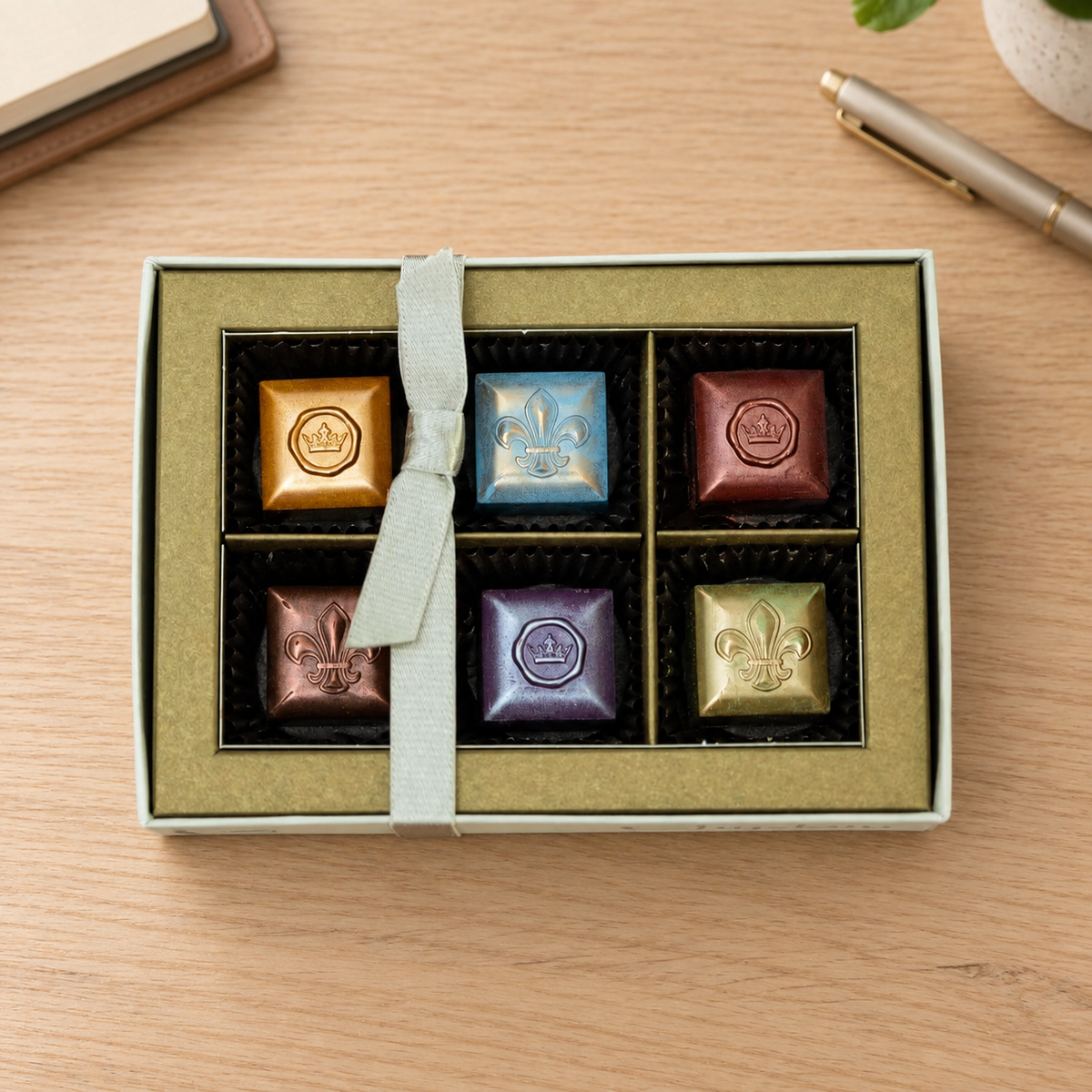 Ghyslain Collection de Caramel six-piece chocolate box on a desk