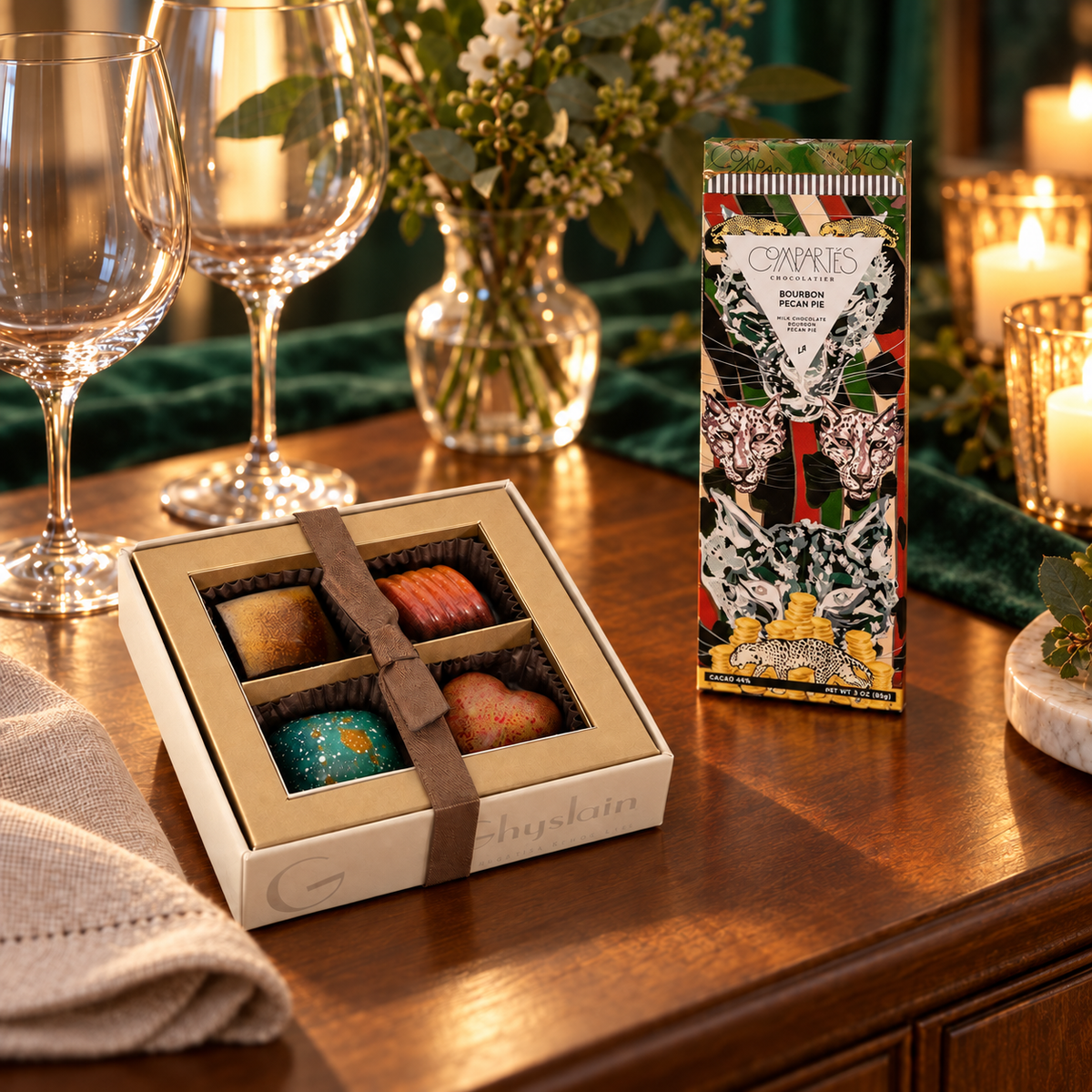 Ghyslain fall chocolates and Compartés Bourbon Pecan Pie Chocolate Bar in a festive dinner-party setting