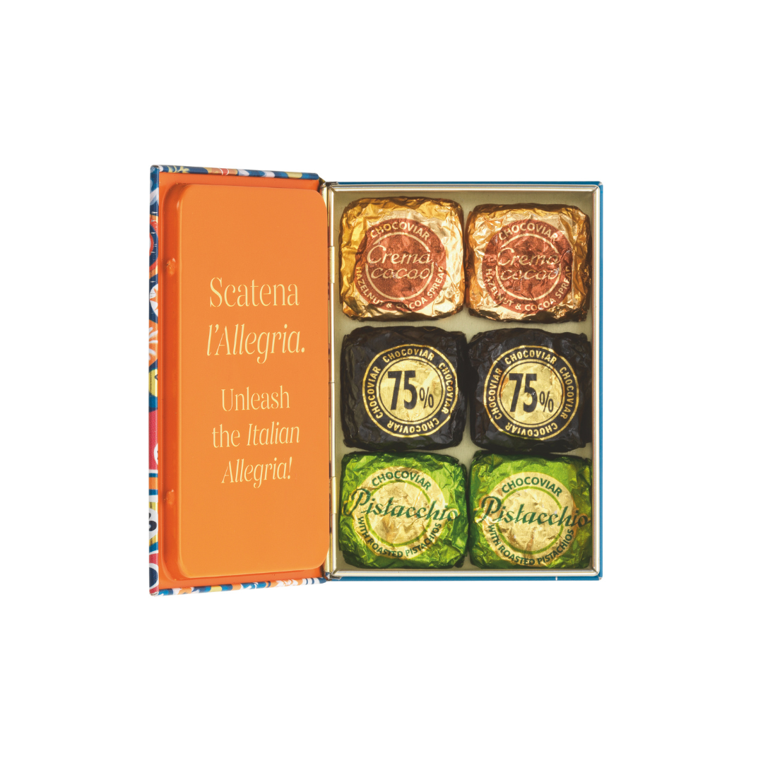 Venchi Murrine Mini Book packaging and assorted chocolates
