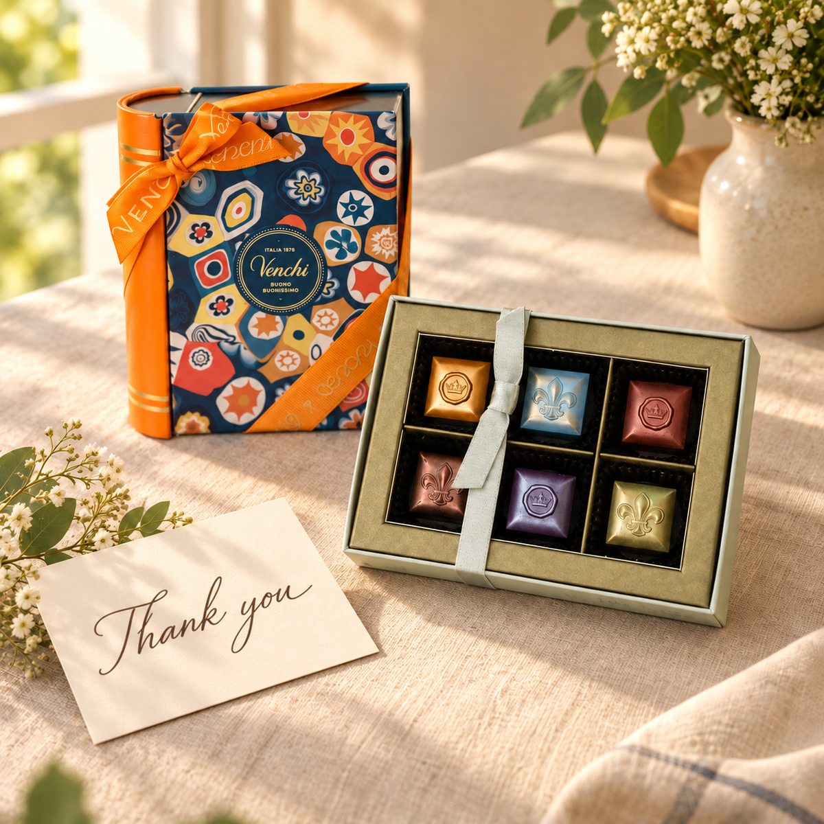 Venchi Murrine Mini Book and Ghyslain six-piece caramel box beside an envelope handwritten Thank you
