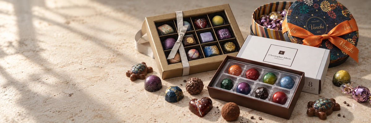 Curated chocolate gift boxes and loose bonbons on a warm stone tabletop